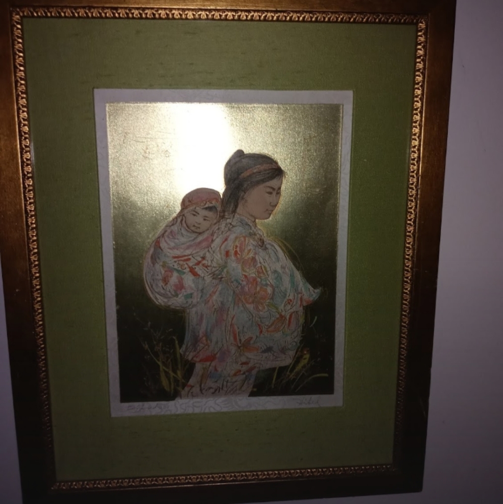 Edna Hibel Stone lithograph on silk.